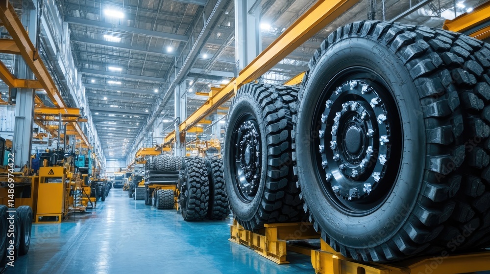 Poster large tires and rims stacked neatly next to an assembly line in a construction vehicle factory
