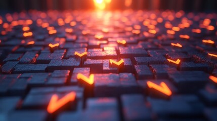 Fototapeta premium Abstract Glowing Checkmarks on Dark Textured Blocks