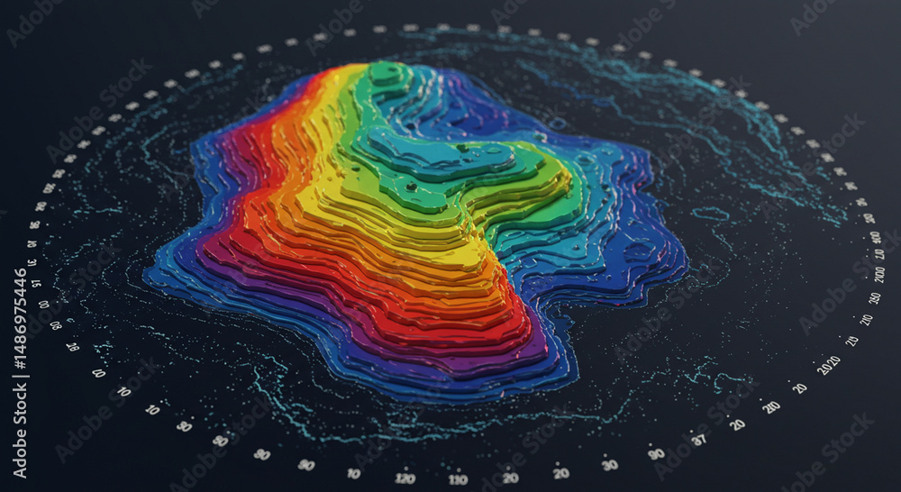 Poster abstract multicolored topographic representation of a landscape in a circular format