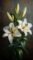 Obraz premium Elegant white lily flowers with unopened buds create a stunning floral arrangement beautifully displayed