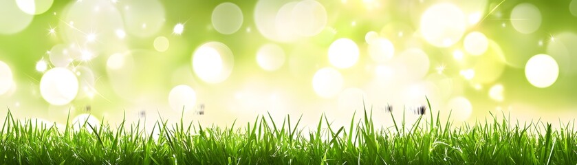Fototapeta premium Lush green grass bathed in sunlight bokeh.