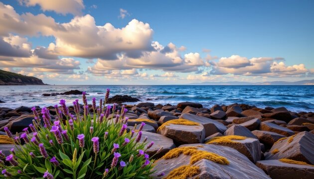 a rocky seashore with moss covered stones and wild sea lavender flowers in the foreground. the sky is filled with golden lenticular clouds, creating dynamic contrast. artistic and clean.