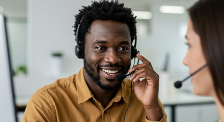 Smiling customer service representative in a call center setting