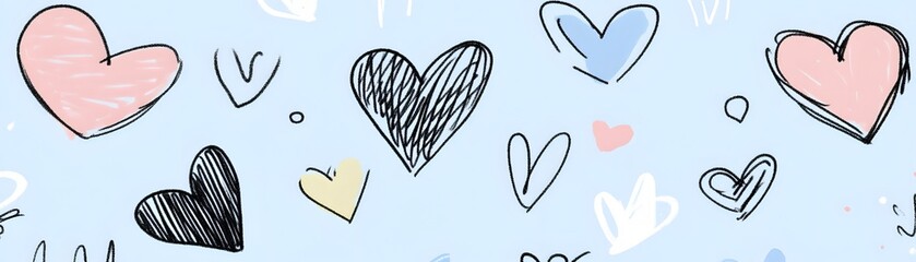 Hand drawn heart shapes on a light blue background