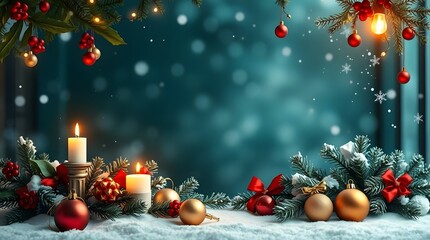 Festive Christmas Decorations with Ornaments, Lights, and Holiday Accents for a Cozy Winter Celebration at Home  background with christmas tree