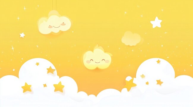 Cute clouds and stars on a yellow sky - Powered by Adobe