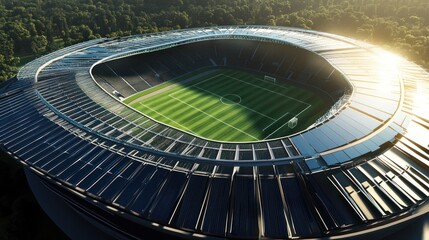 Spectacular aerial view of modern football stadium amidst lush greenery