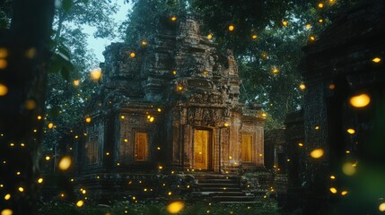 Obraz premium Mystical temple illuminated by ethereal fireflies, set in a dense jungle