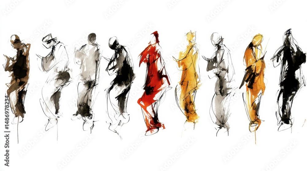 Poster abstract figures in dynamic poses, flowing lines.