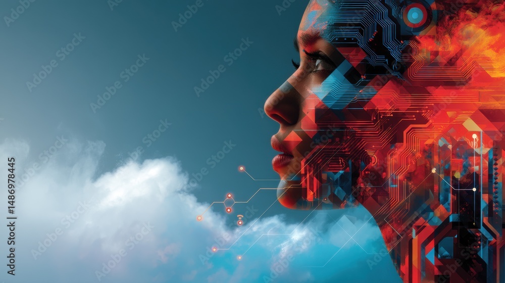 Poster a digital portrait of a futuristic cyborg figure surrounded by a complex network of technological el