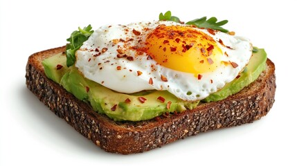 A single slice of toasted whole grain bread topped with mashed avocado, a fried egg, and red pepper flakes
