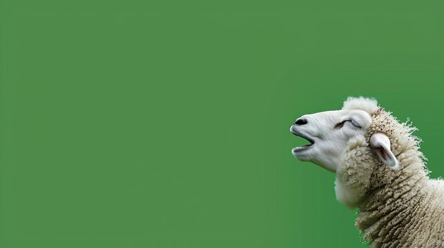 Sheep on a vibrant green background.  A sheep is looking up and is open mouthed, with a profile view