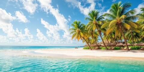 Fototapeta premium Tropical Beach Paradise: Sunbeds and Palms Overlooking the Ocean