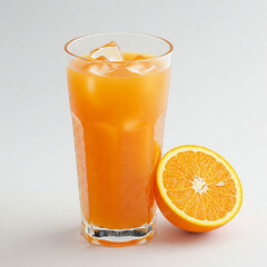 A tall glass of refreshing orange juice with ice cubes and a halved orange on a clean, light background.