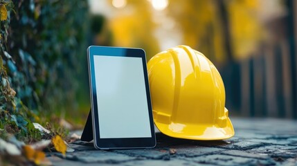 Tilted tablet leaning on hard hat with open punch list at corner of active building site