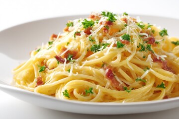 A plate of creamy pasta with bacon and cheese.