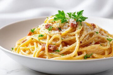A plate of creamy, flavorful spaghetti carbonara.