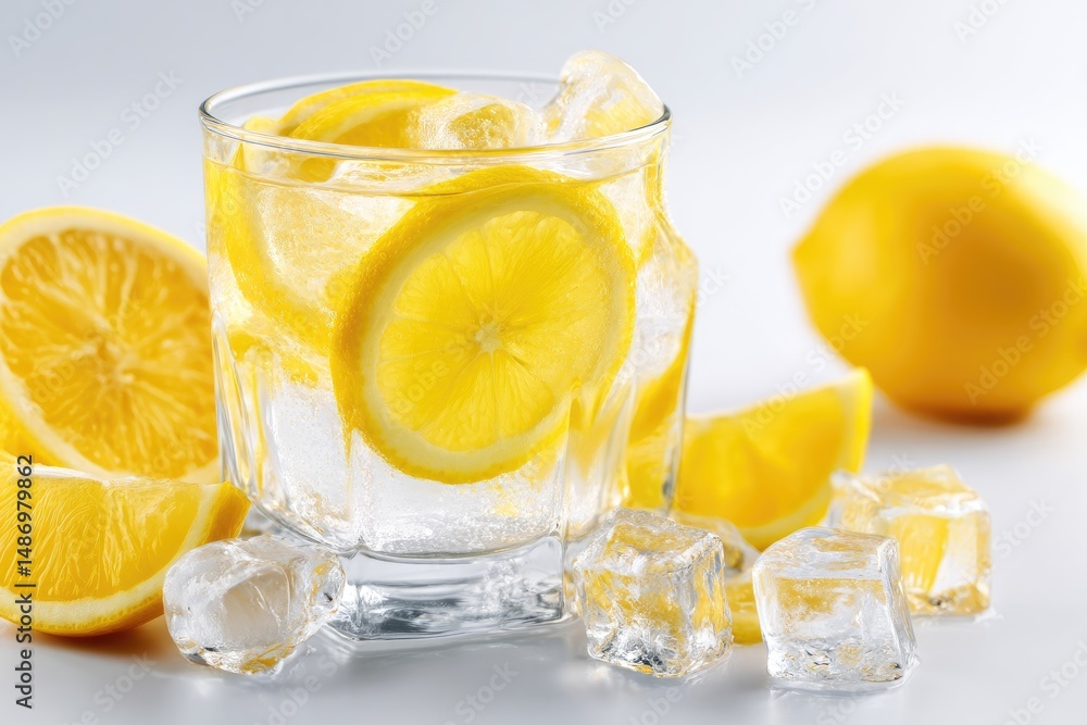 Poster refreshing drink with lemon slices and ice cubes.
