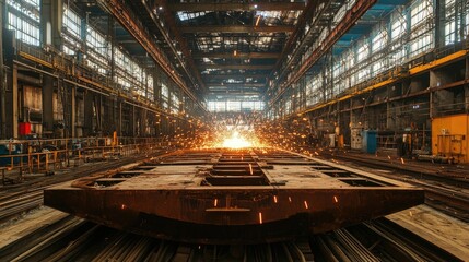 Obraz premium Welding bay in construction factory with sparks and protective barriers around stations
