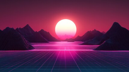 Fototapeta premium Retro Futuristic Sunset Mountains