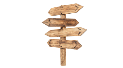 Signpost with Multiple Wooden Arrows Pointing in Different Directions Isolated on Transparent PNG Background
