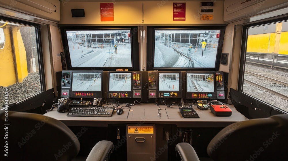 Poster workstation showing mounted digital screens for monitoring build progress