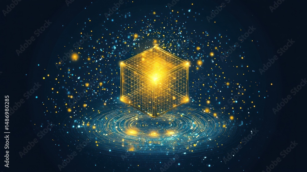 Aufkleber golden cube of data in abstract space