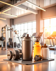 Sport Nutrition Display on Gym Floor Featuring Dumbbells Water Bottles and Natural Lighting in Blurred Fitness Center with Treadmills