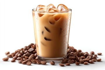 Iced coffee beverage in a glass with ice and coffee beans.