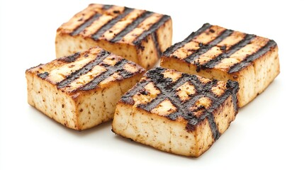 Four square pieces of grilled tofu with brown char marks, arranged in a cluster against a white background