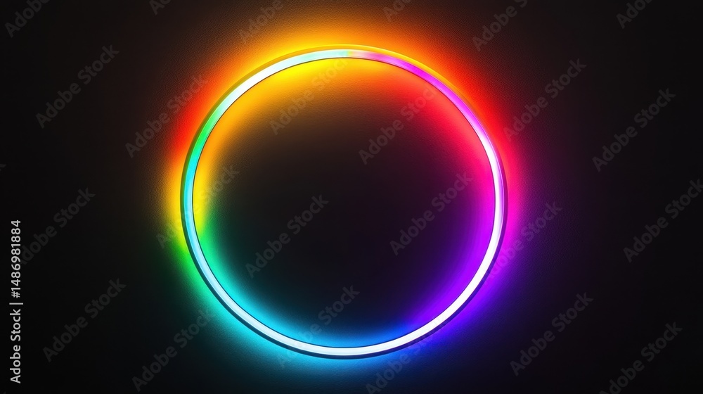 Poster a vibrant rainbow circle illuminates a dark background with a soft glow. ideal for graphics, tech th