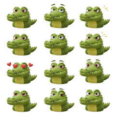 Fototapeta premium Cartoon crocodile faces collection displaying various emotions and expressions