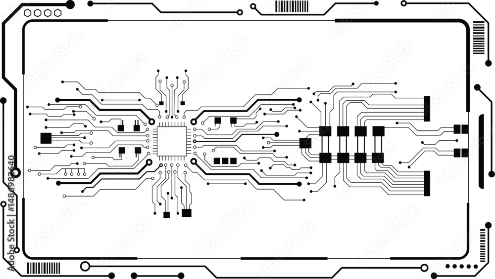 Poster abstract black circuit board technology connected lines electronics elements computer motherboard ch