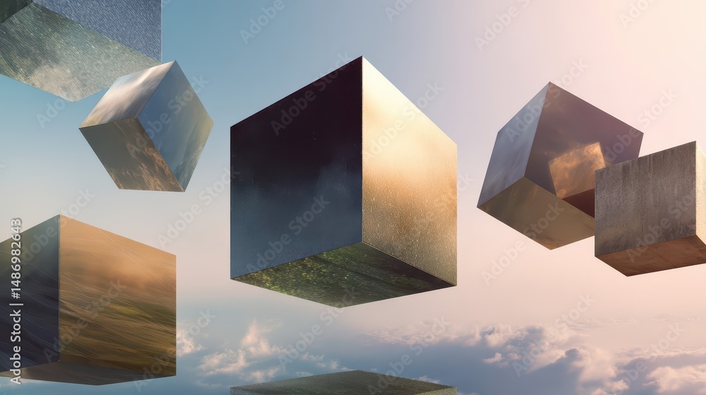 Poster abstract floating cubes in a surreal sky scene.