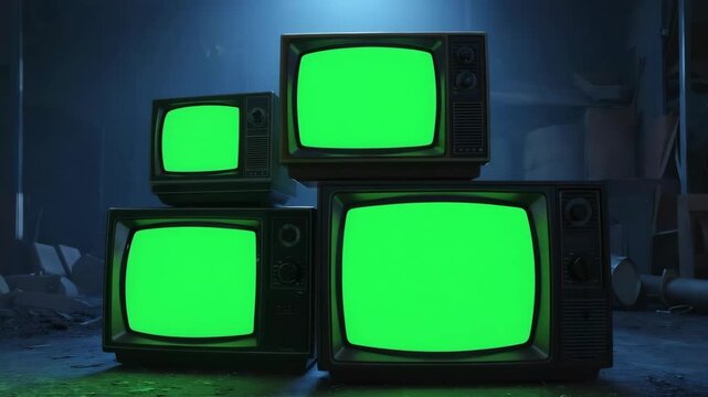 stack of vintage televisions with green screens in dark room for chroma key