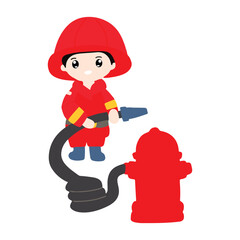 Kawaii firefighter  kids cartoon isolated on white background. fire fighter uniform with fire emergency clip art set. Flat vector design isolated white background