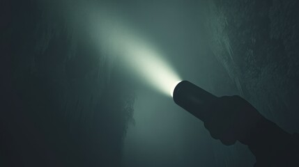 Dark, foggy interior lit by a flashlight