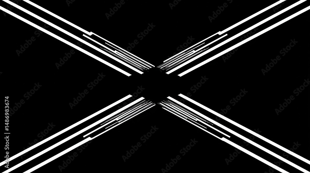 Poster abstract design with intersecting white lines on black background.