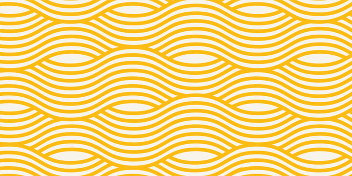 Yellow instant noodle, pasta and spaghetti texture with geometric wavy lines. Ramen, pasta vector pattern. Background abstract food illustration