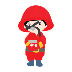 Kawaii firefighter  kids cartoon isolated on white background. fire fighter uniform with fire emergency clip art set. Flat vector design isolated white background