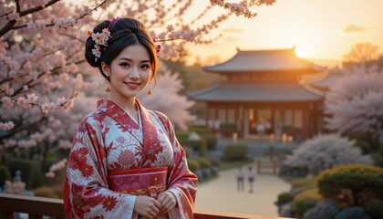 Fototapeta premium Embracing Serenity: A beautiful lady wearing a traditional kimono smiles serenely amidst the backdrop of a traditional temple garden.