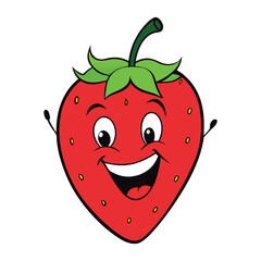 A cheerful strawberry cartoon with bright eyes and a big smile, laughing joyfully with tiny seeds dotted on its red skin, spreading happiness and fun vibes everywhere!
