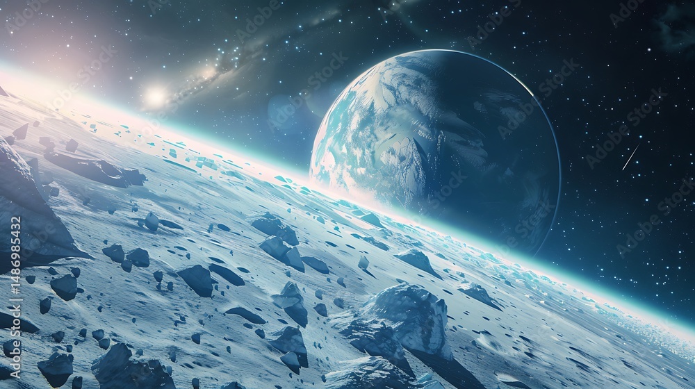 Poster distant planets and celestial bodies in a digitally created space scene