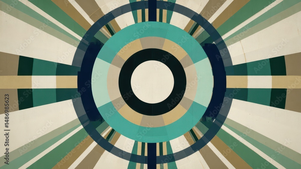 Poster circular design with radial stripes and concentric circles.