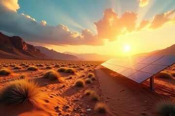 Golden hour sunlight on desert landscape with solar panels, sunshine, landscape