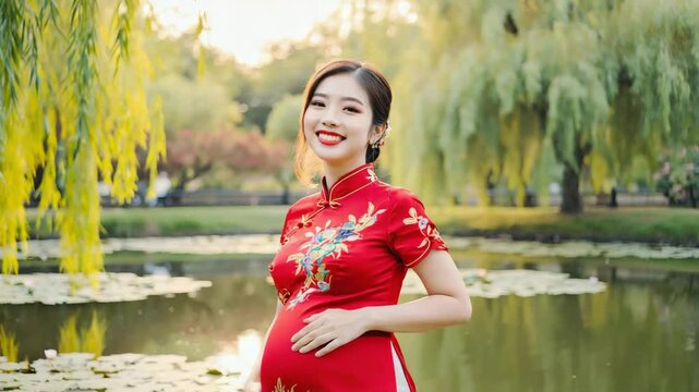 A pregnant woman in traditional clothes is posing joyfully near a pond. The woman radiates happiness and serenity