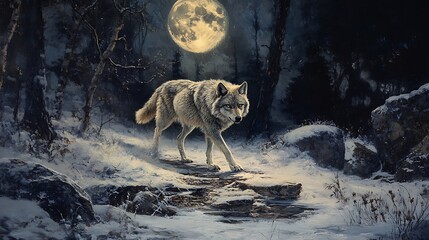 Forest wolf at night moon