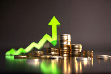 Elevated finance trajectory showing profitability through upward trending arrow and coin stacks