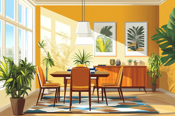 Obraz premium Sunlit Modern Dining Room Interior Design Plants, Mid-Century Modern Furniture, and Warm Colors
