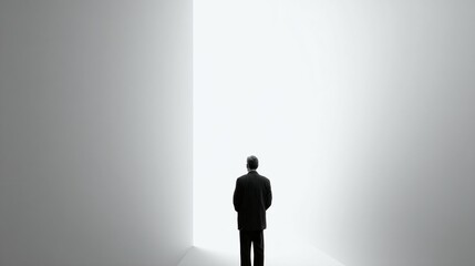 Obraz premium Man stands facing bright light at the end of a tunnel or corridor.